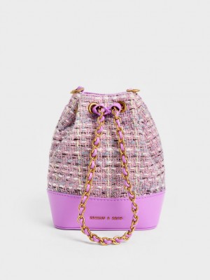 Charles And Keith Dancer Tweed Drawstring Bucket Bags Purple | PHILIPPINES B916