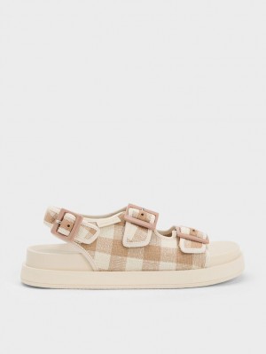 Charles And Keith Della Gingham Buckled Platform Sandals Beige | PHILIPPINES D356