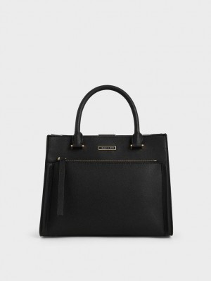 Charles And Keith Double Handle Front Zip Tote Bags Black | PHILIPPINES F238