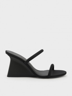 Charles And Keith Double Strap Wedge Mules Black | PHILIPPINES M260