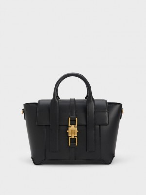 Charles And Keith Dua Buckled Trapeze Tote Bags Black | PHILIPPINES R350