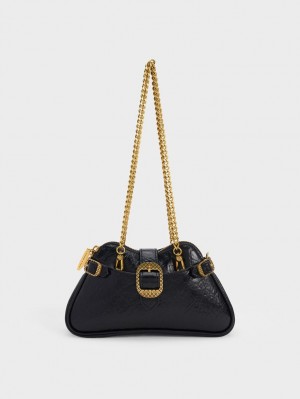 Charles And Keith Eilith Chain-Handle Buckled Shoulder Bags Black | PHILIPPINES U061