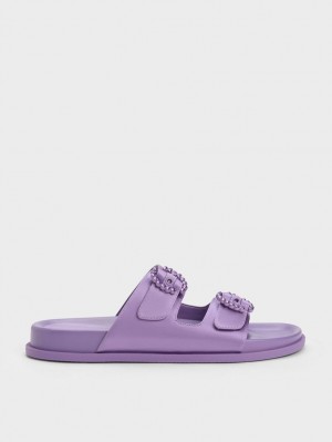 Charles And Keith Embellished Buckle Recycled Polyester Slides Purple | PHILIPPINES B481