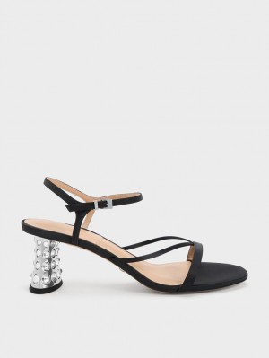 Charles And Keith Embellished Heel Recycled Polyester Heels Sandals Black | PHILIPPINES A967