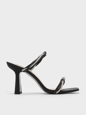 Charles And Keith Embellished Twisted Strap Satin Heels Sandals Black | PHILIPPINES H670