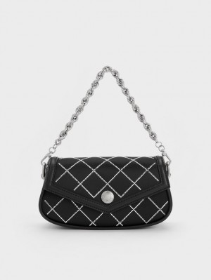 Charles And Keith Este Chain Handle Satin Shoulder Bags Black | PHILIPPINES M138