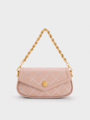 Charles And Keith Este Chain Handle Satin Shoulder Bags Beige | PHILIPPINES Y570