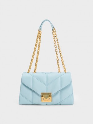 Charles And Keith Eudora Chevron Trapeze Crossbody Bags Blue | PHILIPPINES U170