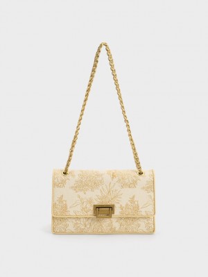 Charles And Keith Floral Illustrated Canvas Shoulder Bags Beige | PHILIPPINES E902