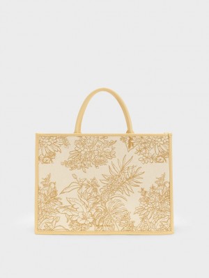 Charles And Keith Floral Illustrated Canvas Tote Bags Beige | PHILIPPINES F254