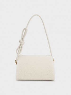 Charles And Keith Furry Knotted Handle Shoulder Bags White | PHILIPPINES X837