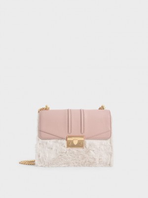 Charles And Keith Furry Push-Lock Shoulder Bags Pink | PHILIPPINES B901