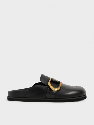 Charles And Keith Gabine Buckled Leather Loafer​ Mules Black | PHILIPPINES G617