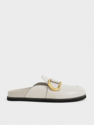 Charles And Keith Gabine Buckled Leather Loafer​ Mules White | PHILIPPINES J514