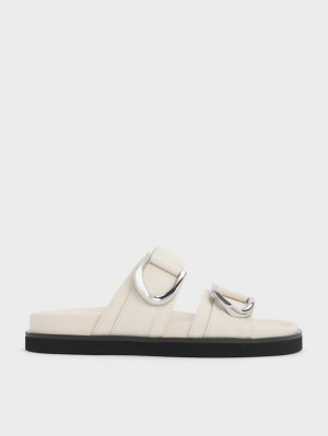 Charles And Keith Gabine Buckled Leather Slides White | PHILIPPINES T246