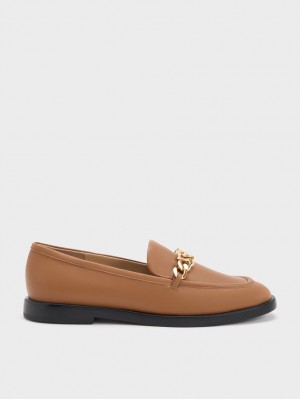 Charles And Keith Gabine Chain-Link Leather Loafers Brown | PHILIPPINES U756