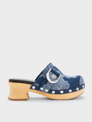 Charles And Keith Gabine Floral Denim Studded Clogs Blue | PHILIPPINES R650