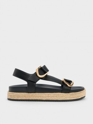 Charles And Keith Gabine Leather Espadrille Platform Sandals Black | PHILIPPINES L267