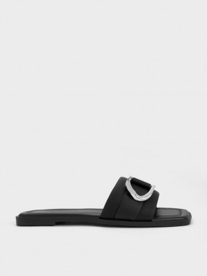 Charles And Keith Gabine Leather Slide Sandals Black | PHILIPPINES R198