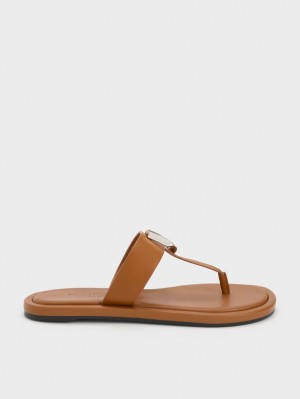 Charles And Keith Gabine Leather Thong Flat Sandals Brown | PHILIPPINES P576