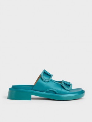 Charles And Keith Gabine Recycled Polyester Slides Turquoise | PHILIPPINES L485