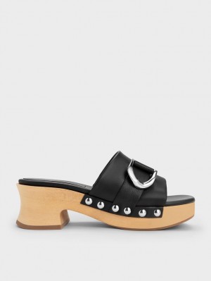 Charles And Keith Gabine Studded Leather Clogs Black | PHILIPPINES Y854