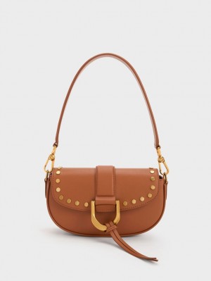 Charles And Keith Gabine Studded Leather Shoulder Bags Brown | PHILIPPINES L250