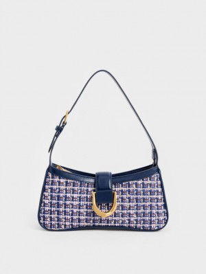 Charles And Keith Gabine Tweed Curved Shoulder Bags Navy | PHILIPPINES N412