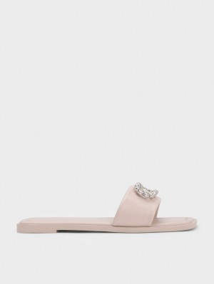 Charles And Keith Gem-Embellished Leather Slides Pink | PHILIPPINES H209