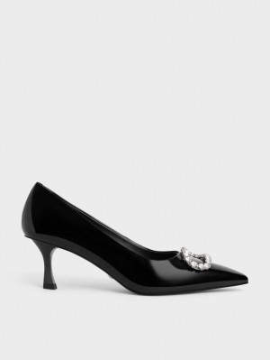 Charles And Keith Gem-Embellished Patent Leather Pumps Black | PHILIPPINES P943