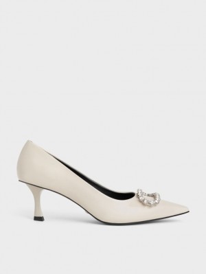 Charles And Keith Gem-Embellished Patent Leather Pumps White | PHILIPPINES V356