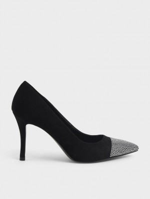 Charles And Keith Gem-Embellished Textured Stiletto Pumps Black | PHILIPPINES N470