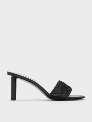 Charles And Keith Gem-Encrusted Cylindrical Heel Mesh Heels Sandals Black | PHILIPPINES K468