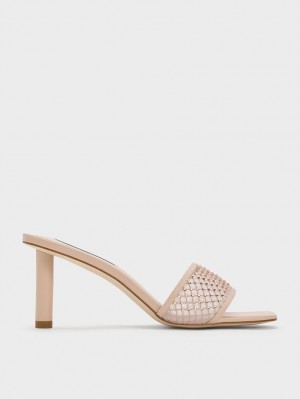 Charles And Keith Gem-Encrusted Cylindrical Heel Mesh Heels Sandals Beige | PHILIPPINES C483