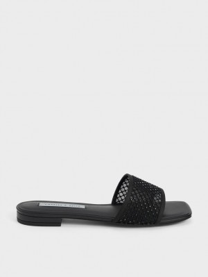 Charles And Keith Gem-Encrusted Mesh Slide Sandals Black | PHILIPPINES N164