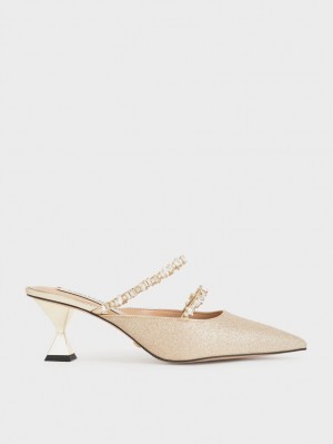 Charles And Keith Gem-Encrusted Metallic Glittered Mules Gold | PHILIPPINES K806