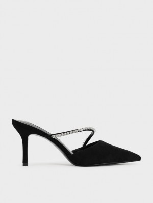 Charles And Keith Gem-Encrusted Textured Stiletto Mules Black | PHILIPPINES D142