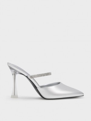 Charles And Keith Gem Strap Metallic Mules Silver | PHILIPPINES C570