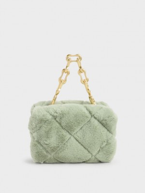 Charles And Keith Gemma Chunky Chain Handle Furry Quilted Boxy Crossbody Bags Mint | PHILIPPINES M203