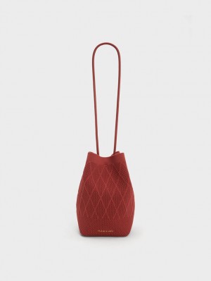 Charles And Keith Genoa Knitted Drawstring Tote Bags Dark Red | PHILIPPINES S930