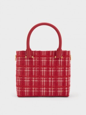 Charles And Keith Georgette Tweed Square Tote Bags Red | PHILIPPINES O564