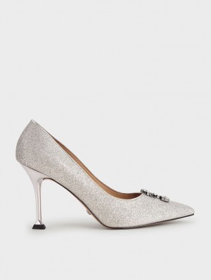 Charles And Keith Glitter Gem-Embellished Pumps Silver | PHILIPPINES U157