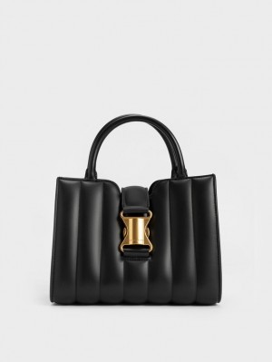 Charles And Keith Ivy Panelled Metallic Buckle Tote Bags Black | PHILIPPINES N058