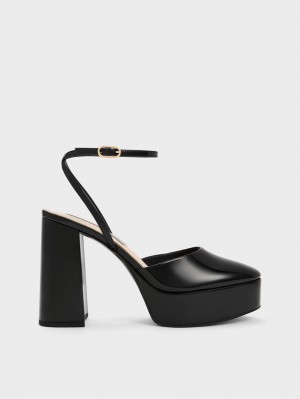 Charles And Keith Jemma Patent Platform Ankle-Strap Pumps Black | PHILIPPINES Z254