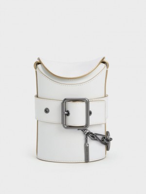 Charles And Keith Jules Leather Belted Bucket Bags White | PHILIPPINES W430