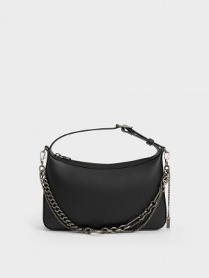 Charles And Keith Jules Leather Chain-Embellished Tote Bags Black | PHILIPPINES E046