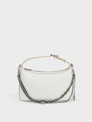 Charles And Keith Jules Leather Chain-Embellished Tote Bags White | PHILIPPINES Z278