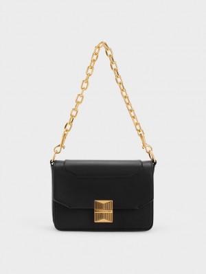 Charles And Keith Kalinda Metallic Accent Boxy Shoulder Bags Black | PHILIPPINES F493