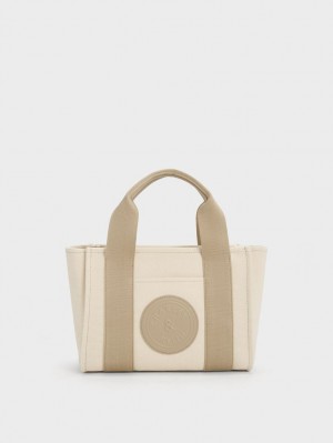 Charles And Keith Kay Canvas Contrast-Trim Tote Bags Beige | PHILIPPINES C379