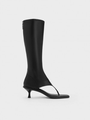 Charles And Keith Kitten Heel Thong Knee-high Boots Black | PHILIPPINES Q053